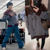 Jimin Mocha Striped Distressed Sweater