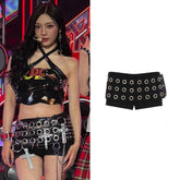 Ningning Black Eyelet Belted Wrap Shorts