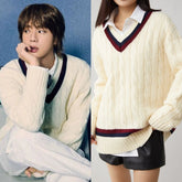 Beige Contrast-Trim V-Neck Sweater | Jin – BTS