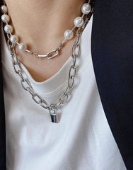 Jimin Silver Chain Pearl Padlock Necklace